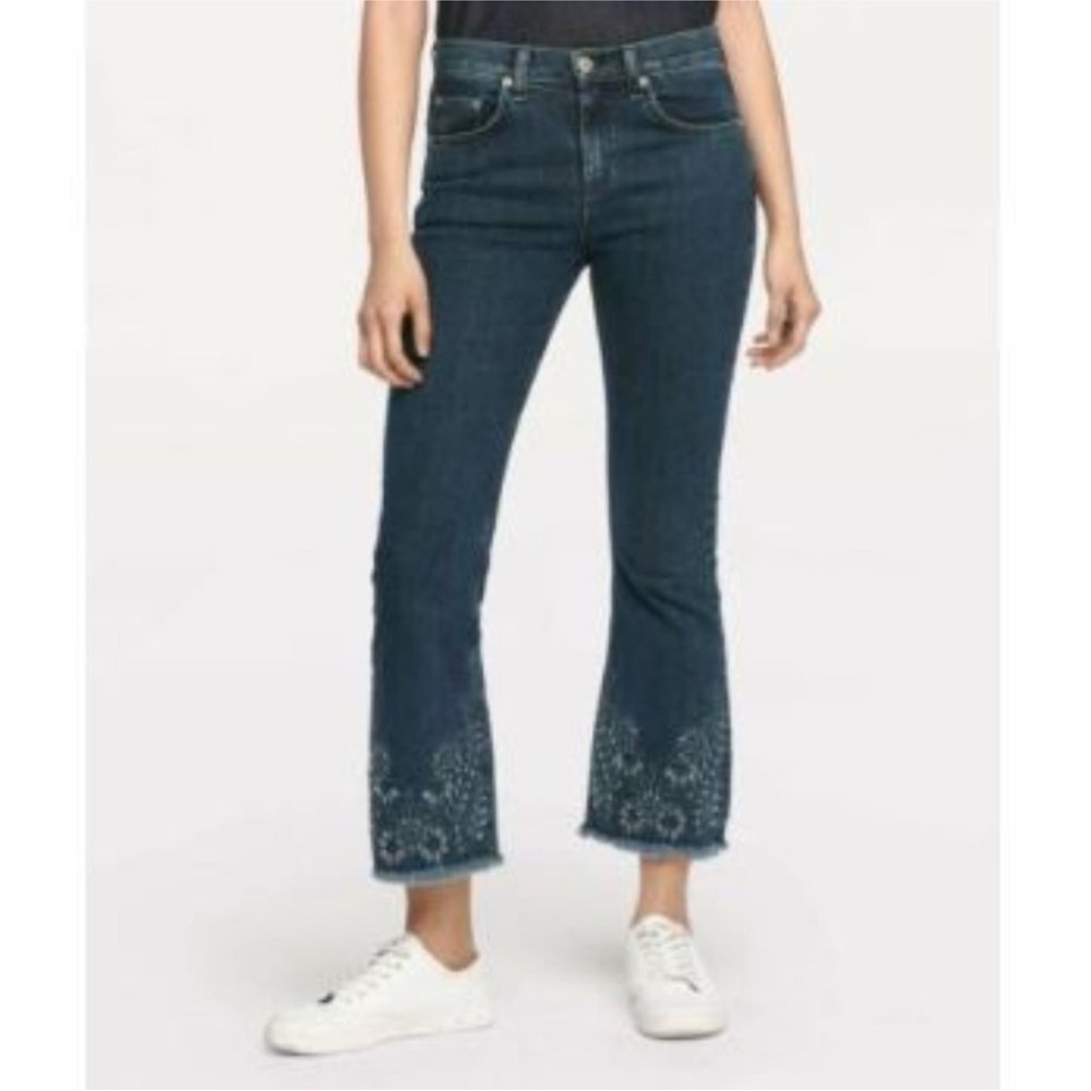 Rag & Bone 10 Inch Crop Flare Indigo Embroidery Raw Hem Size 26x26.5 Boho Hippie